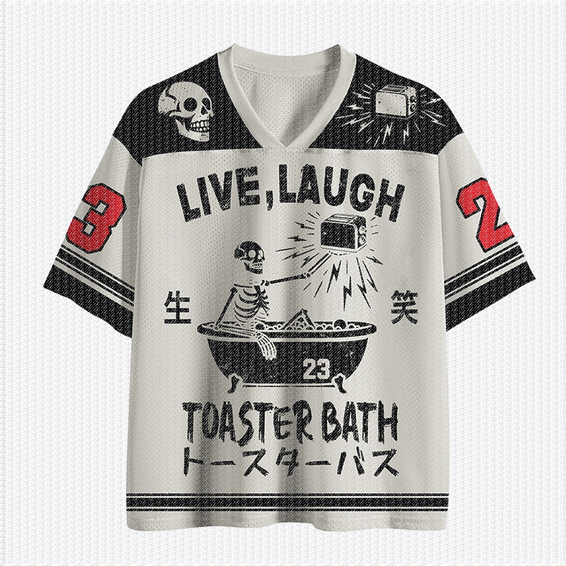 Bread Maker Machine - Vネック白黒カラーブロックメッシュジャージーTシャツスケルトンバスタブトースターグラフィックナンバープリントレトロパンクストリートウェアトップ