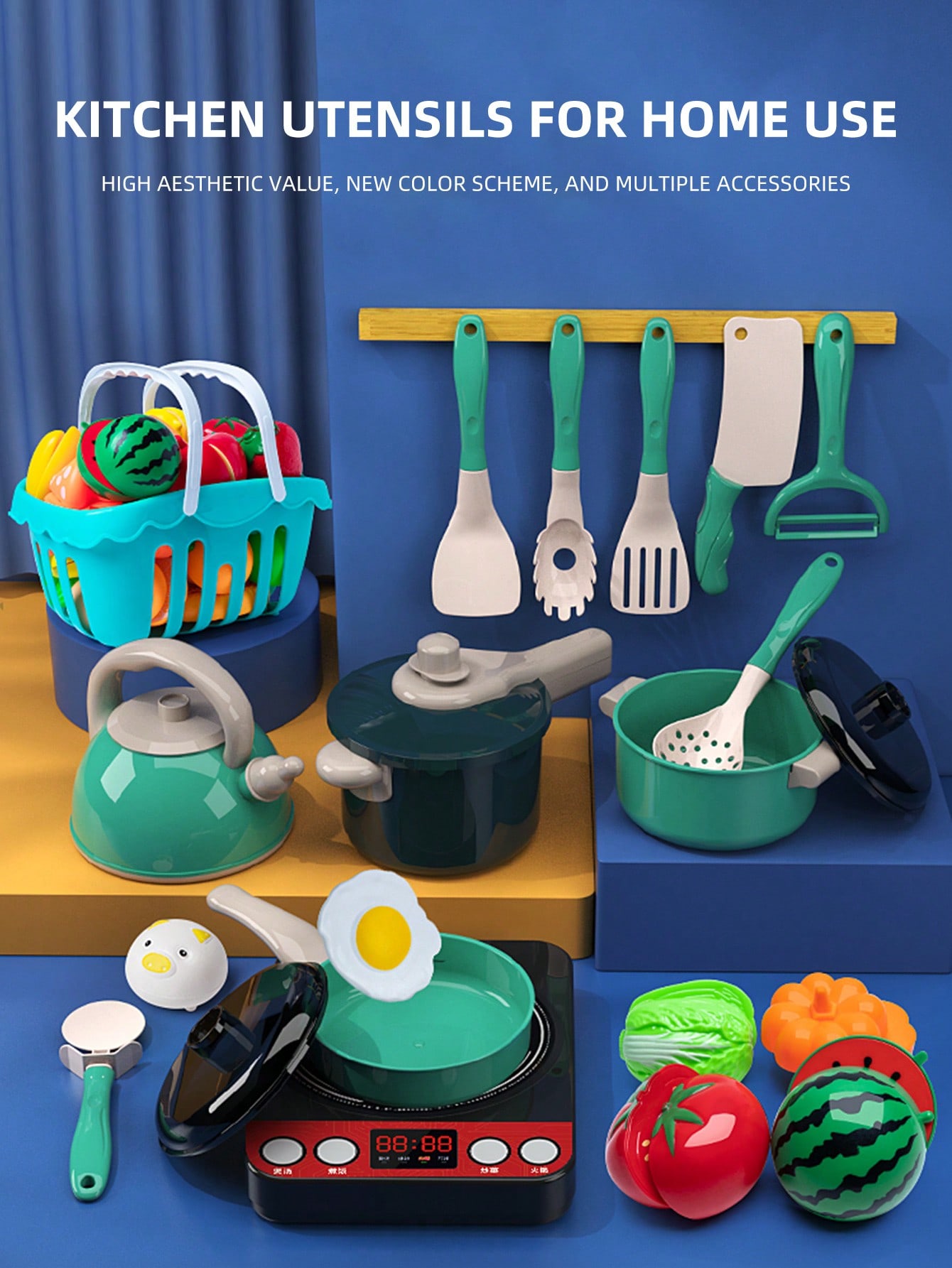 Kitchen Appliances Combo - キッズキッチンおもちゃ ごっこ遊び 調理器具とプレート付き プレイポット キッチンアクセサリーキット 果物カットツール