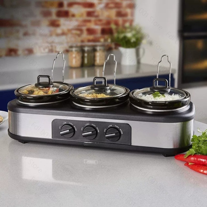 Slow Cooker Ceramic - シルバーポータブルトリプルスロークッカー 3×1.5クォートセラミックポット 独立温度制御 ビュッフェキッチン用電気シチューポット 300W