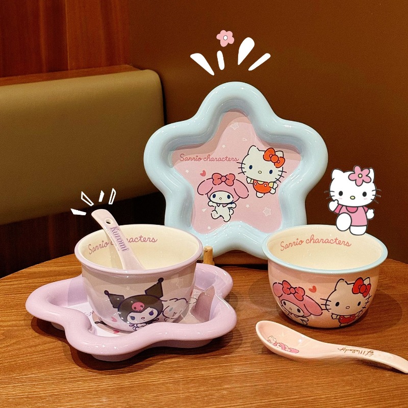 漫画猫プリントセラミック食器セット高価値ボウルプレート箸スプ - Kitchen Appliances Combo のレビューと価格